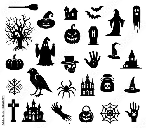 Vector illustration. Giant set of black silhouettes for Halloween. photo