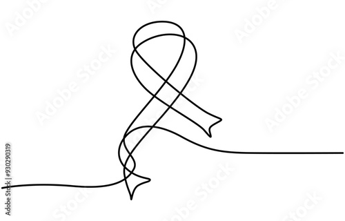Breast cancer awareness ribbon hand drawn with single one continuous line. Isolated vector illustration. Editable stroke. Vector illustration in sketch style, One continuous line drawing