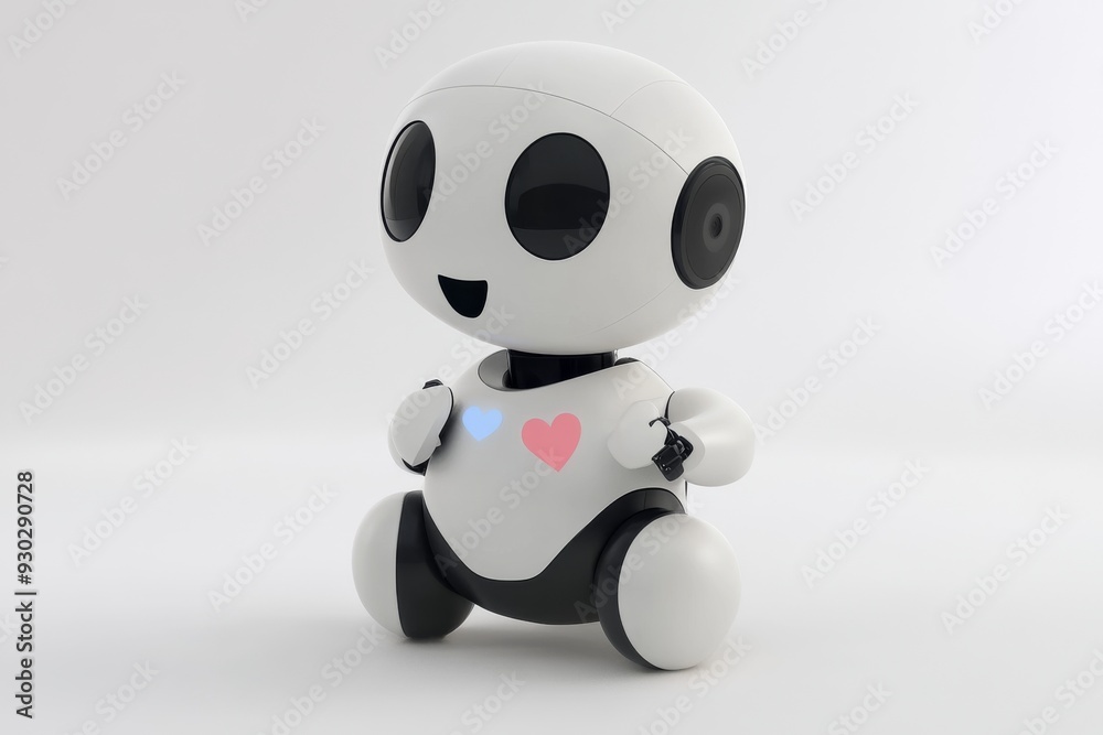 Playful small robot sitting on the floor with a heart illustrating innocence and simplicity in robotics Playful small robot sitting on the floor with a heart illustrating innocence and simplicity in robotics