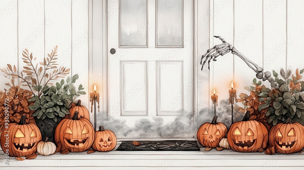 Obraz premium A Halloween-themed front porch with flickering candles in hollowed-out pumpkins, eerie fog rolling in, and a skeleton hand reaching from the ground