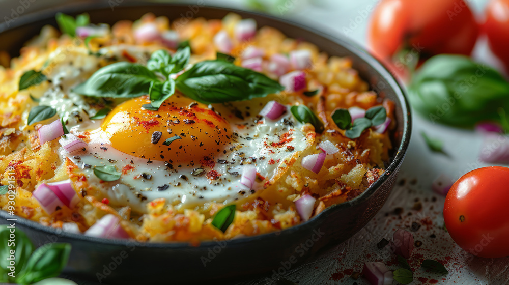 Very thin grated hash brown potato skillet with sage, provolone cheese, red onion and a big fried egg on top Very thin grated hash brown potato skillet with sage, provolone cheese, red onion and a big fried egg on top
