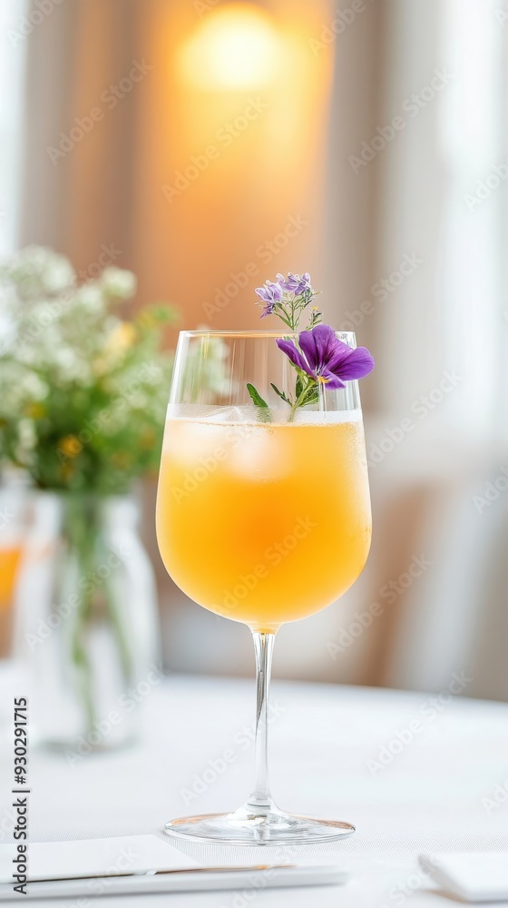 A beautifully arranged table with elegant glassware filled with a colorful, non-alcoholic beverage garnished with edible flowers, set against a stylish, modern backdrop A beautifully arranged table with elegant glassware filled with a colorful, non-alcoholic beverage garnished with edible flowers, set against a stylish, modern backdrop