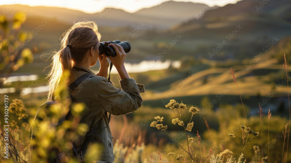 Field biologist observing wildlife with binoculars, capturing the essence of nature and science Field biologist observing wildlife with binoculars, capturing the essence of nature and science