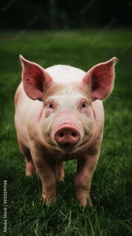 Adorable pink pig standing outdoors, farm animal close-up, cute domestic livestock on green grass background Adorable pink pig standing outdoors, farm animal close-up, cute domestic livestock on green grass background