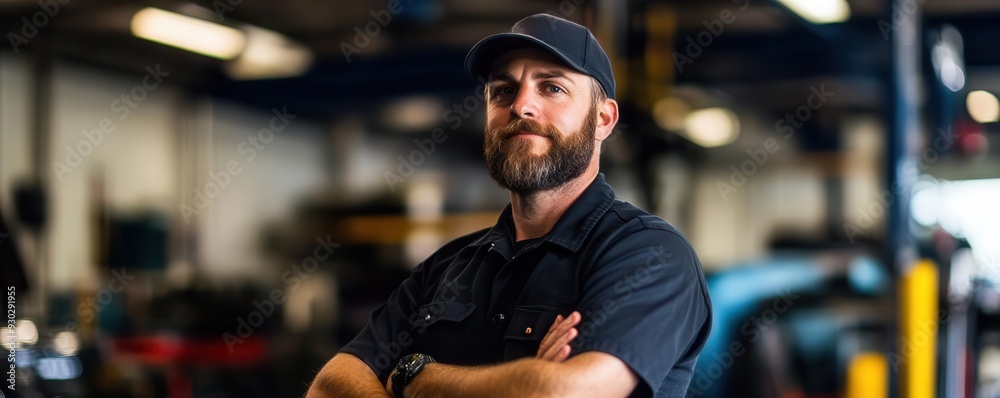 Confident mechanic standing with crossed arms in a workshop, wearing cap and uniform, with tools and equipment in the background. Confident mechanic standing with crossed arms in a workshop, wearing cap and uniform, with tools and equipment in the background.