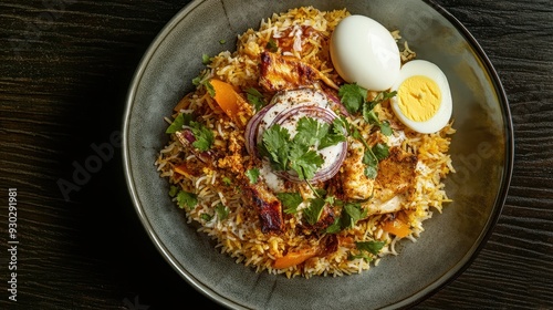 Biryani served on a plate with boiled eggs and vegetables. Arab food
 photo