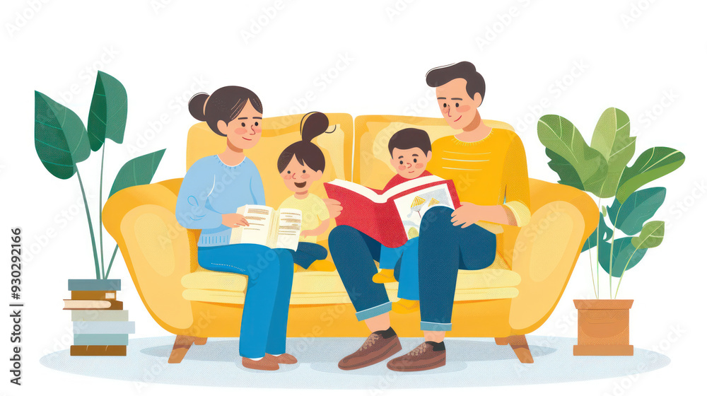 Family reading books together on the couch, illustrating a cozy and educational bonding time Family reading books together on the couch, illustrating a cozy and educational bonding time