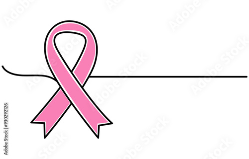 Breast cancer awareness ribbon hand drawn with single one continuous line. Isolated vector illustration. Editable stroke. Vector illustration in sketch style, One continuous line drawing