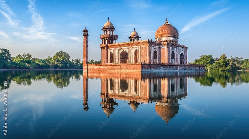 Obraz premium A serene view of the Taj-ul-Masajid in Bhopal, India, with its stunning architecture reflected in a calm lake. Copy space available