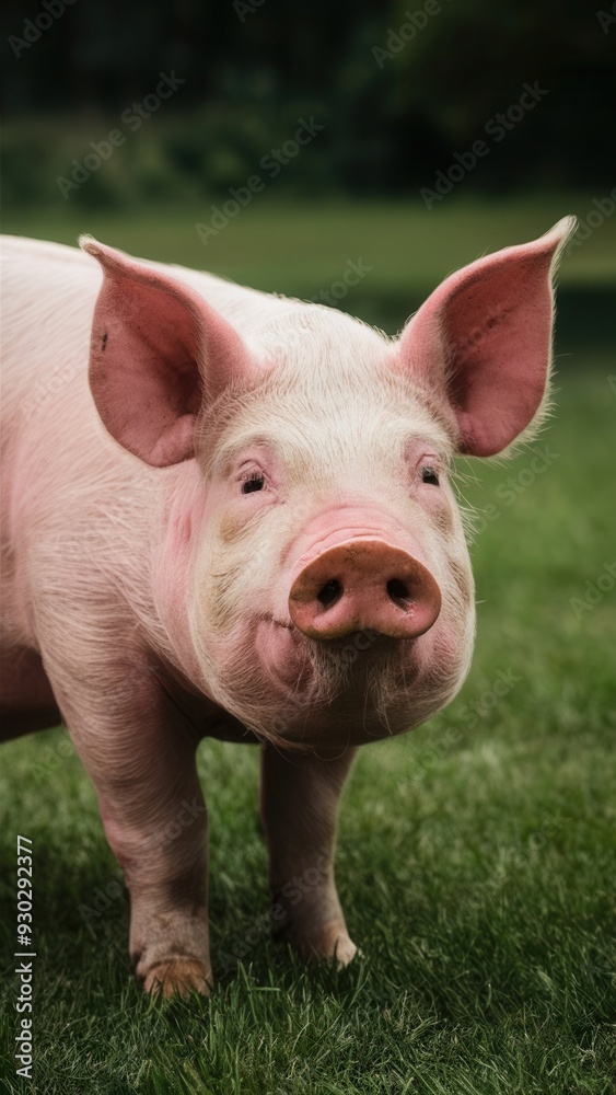 Adorable pink pig standing outdoors, farm animal close-up, cute domestic livestock on green grass background Adorable pink pig standing outdoors, farm animal close-up, cute domestic livestock on green grass background