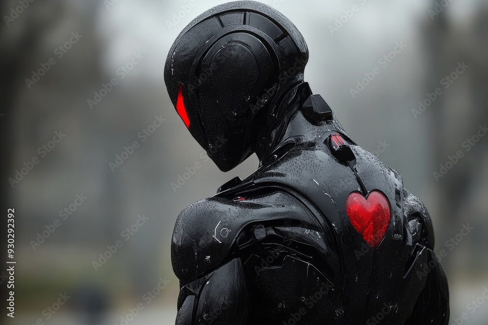 Elegant black robot with a glowing heart on its back contemplating in a serene setting Elegant black robot with a glowing heart on its back contemplating in a serene setting