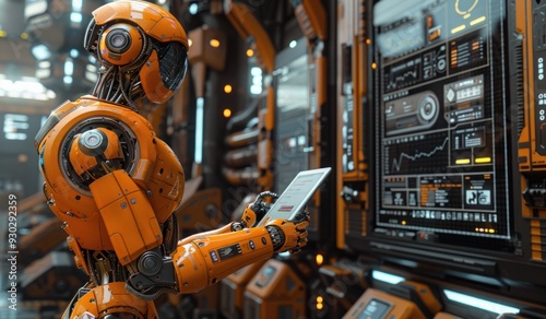 Orange Robot Examining Data on a Tablet in a Futuristic Setting