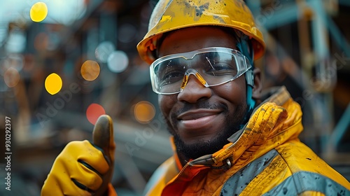 A construction worker giving a thumbs up while wearing full protective gear, including a face shield, gloves, and a safety vest, standing in front of a newly built structure, photo