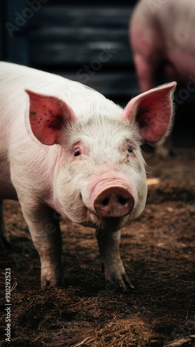 Adorable pink pig standing outdoors, farm animal close-up, cute domestic livestock on green grass background