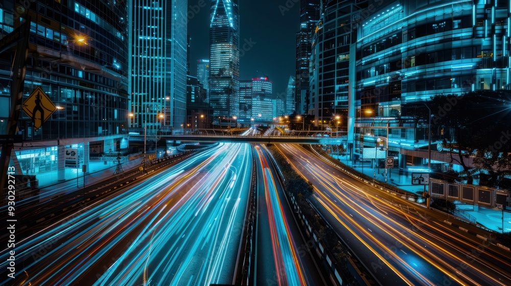 Fototapeta premium Nighttime Cityscape with Light Trails