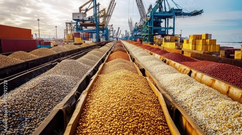 A train is carrying a variety of different colored grains photo