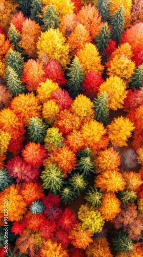 Aerial of a vibrant autumn forest with trees displaying a mix of red, orange, and yellow leaves, forming a colorful mosaic from above