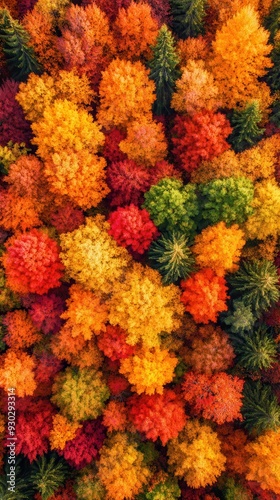 Aerial of a vibrant autumn forest with trees displaying a mix of red, orange, and yellow leaves, forming a colorful mosaic from above