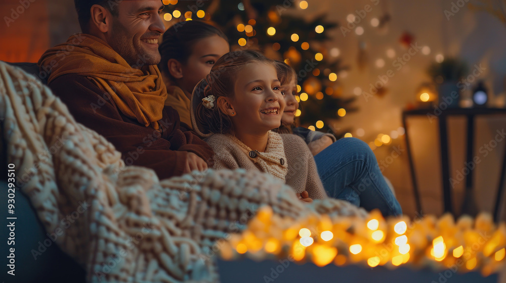 Family enjoying a movie night at home, sitting on the couch with popcorn and blankets, creating a cozy atmosphere Family enjoying a movie night at home, sitting on the couch with popcorn and blankets, creating a cozy atmosphere