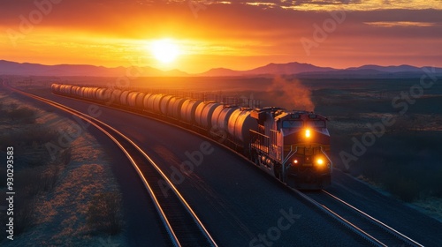 A train is traveling down a track with the sun setting in the background