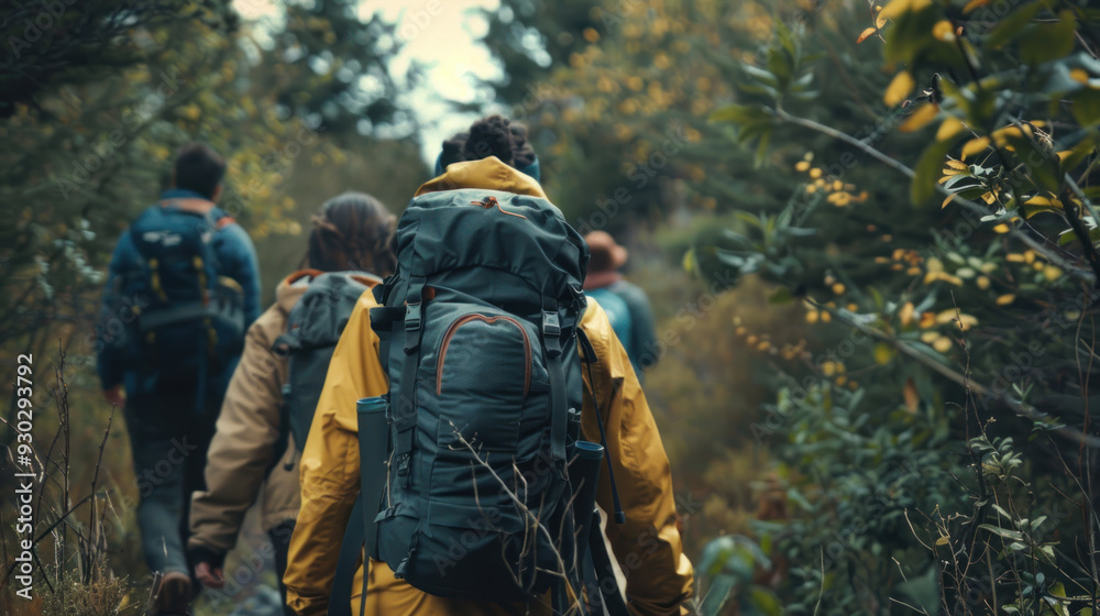 Group of friends exploring a forest trail with backpacks, capturing the spirit of exploration and outdoor activities Group of friends exploring a forest trail with backpacks, capturing the spirit of exploration and outdoor activities