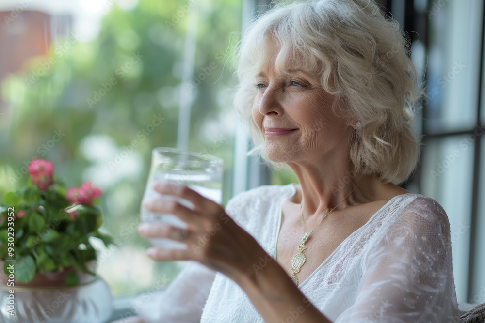 An attractive elderly woman at home, holding a glass of water, reflects health and care in aging. An attractive elderly woman at home, holding a glass of water, reflects health and care in aging.