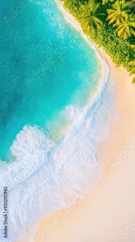 Aerial of a tranquil beach at sunrise with gentle waves washing over the shore and palm trees lining the edge of the sand