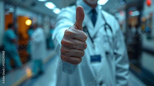 A doctor giving a thumbs up in a hospital hallway, with a stethoscope around their neck and medical staff bustling in the background, representing a job well done, photo