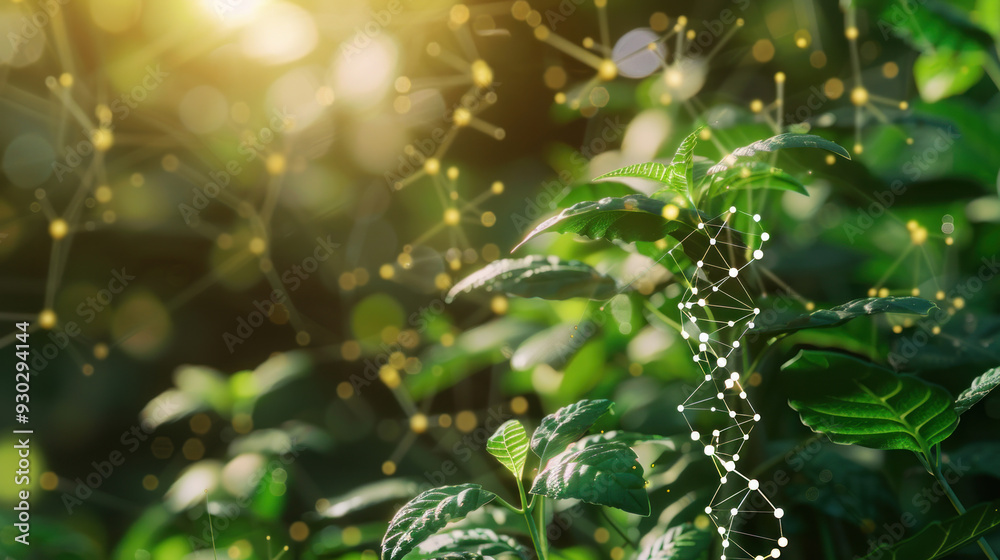 Fototapeta premium Green leafy plants with DNA helix and molecular structure overlays, emphasizing biochemistry research