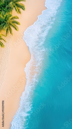 Aerial of a tranquil beach at sunrise with gentle waves washing over the shore and palm trees lining the edge of the sand