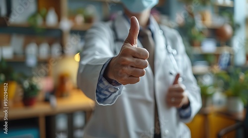 A doctor giving a thumbs up in a hospital office, with medical charts and a computer on the desk, symbolizing patient recovery and successful treatment, captured in sharp focus with warm, photo