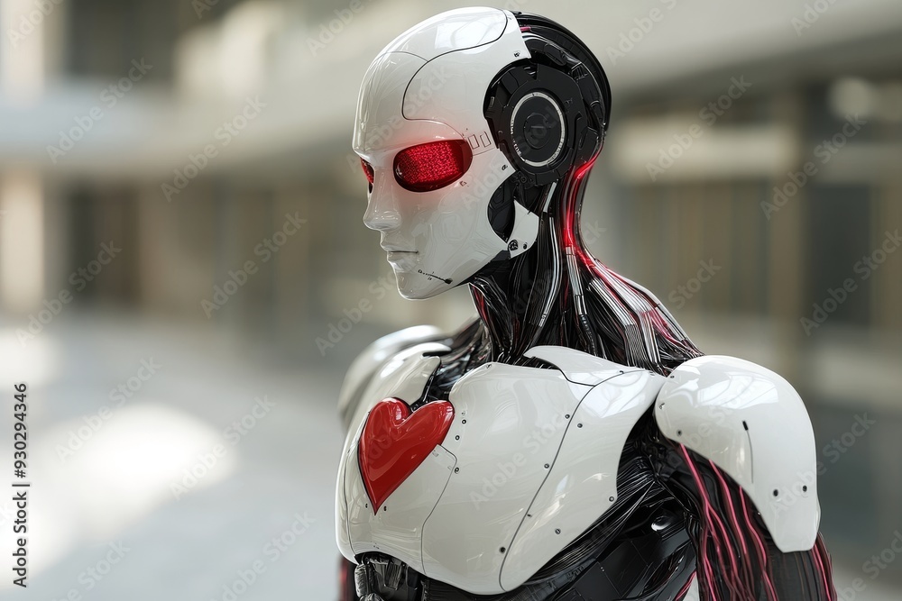 Female robot with a glowing heart in a stylized pose exploring themes of cybernetic love