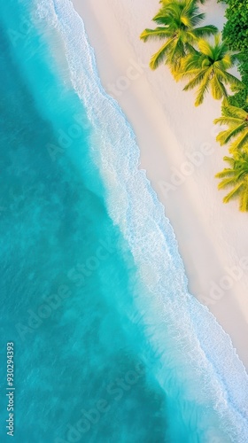 Aerial of a tranquil beach at sunrise with gentle waves washing over the shore and palm trees lining the edge of the sand