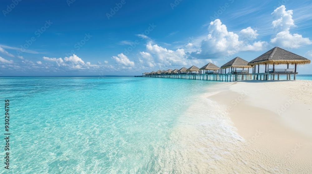 Fototapeta premium The pristine beaches of the Maldives, with crystal-clear waters and overwater bungalows. Copy space available