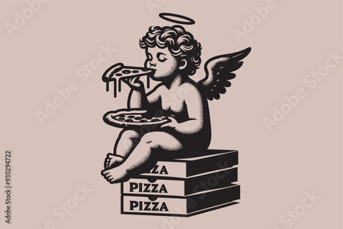 Cute little angel baby Cupid eats pizza. Vintage vector engraved pizzeria emblem,  print. black and white