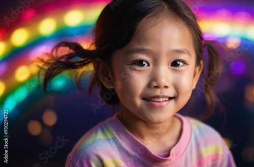 Smiling little girl with colorful rainbow lights