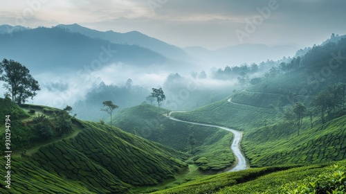 The picturesque tea plantations of Munnar, India, with misty hills and winding paths. Copy space available