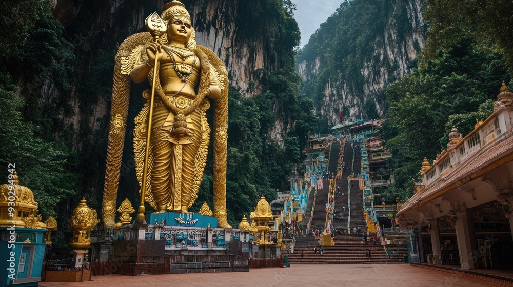 The stunning Batu Caves in Kuala Lumpur, Malaysia, with a giant golden statue and steep steps. Copy space available The stunning Batu Caves in Kuala Lumpur, Malaysia, with a giant golden statue and steep steps. Copy space available