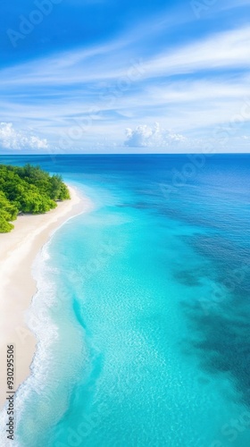 Aerial of a pristine ocean coastline with crystal-clear turquoise waters lapping against white sandy beaches and a coral reef visible beneath the surface
