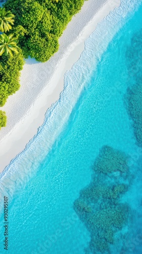 Aerial of a pristine ocean coastline with crystal-clear turquoise waters lapping against white sandy beaches and a coral reef visible beneath the surface