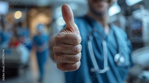 A healthcare professional giving a thumbs up in a hospital's intensive care unit, with monitors and life-support equipment in the background, symbolizing critical care success, photo