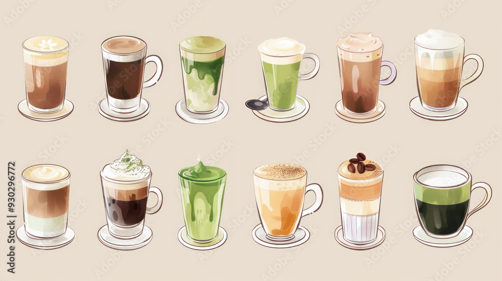 Obraz premium Elegant arrangement of mocha, tea, green tea, hot chocolate, black coffee, matcha, cappuccino, and flat white, perfect for a coffee set collection