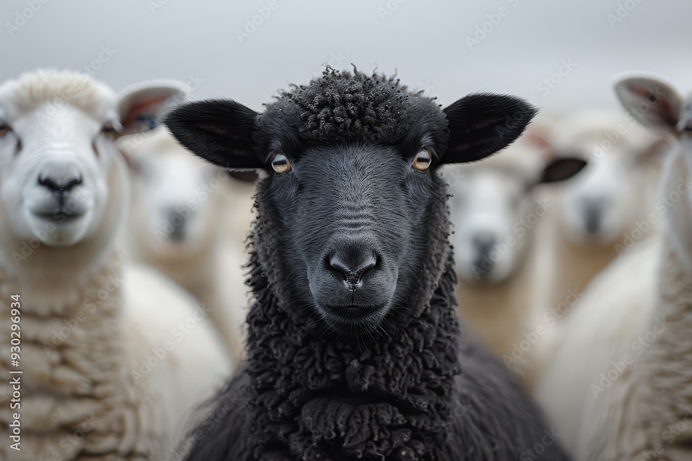 Fototapeta premium A black sheep standing out in the middle of white sheeps, all looking at it with curiosity and determination.