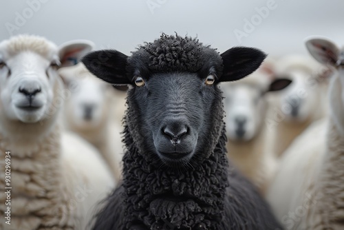 A black sheep standing out in the middle of white sheeps, all looking at it with curiosity and determination.