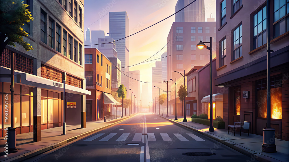 A tranquil city street is illuminated by warm sunset light, with empty sidewalks and tall buildings creating a peaceful atmosphere A tranquil city street is illuminated by warm sunset light, with empty sidewalks and tall buildings creating a peaceful atmosphere