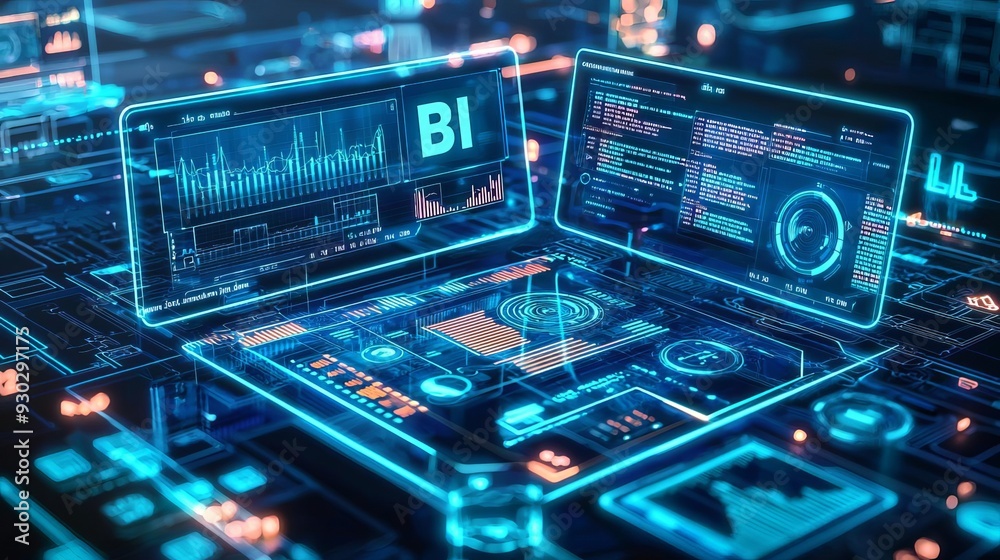 Fototapeta premium Business Intelligence Data analysis Data mining A high-tech command center with holographic dashboards displaying complex data analysis and mining operations