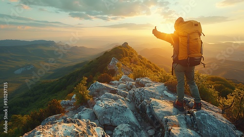 A hiker with a backpack, standing on a rocky mountain top, giving a thumbs up while overlooking a stunning landscape of rolling hills and dense forests, photo