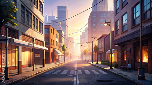 A tranquil city street is illuminated by warm sunset light, with empty sidewalks and tall buildings creating a peaceful atmosphere