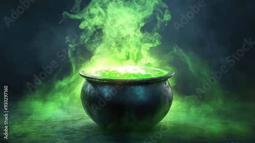 A green glowing cauldron with a green liquid inside photo