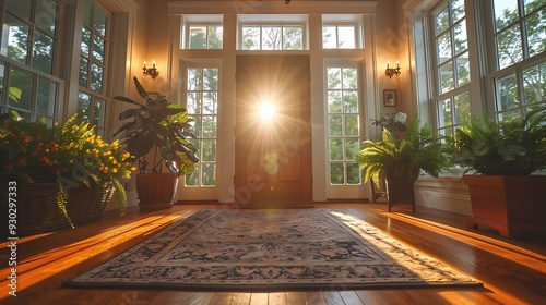 A homeowner giving a thumbs up in a freshly renovated entryway, featuring a new front door, stylish flooring, and welcoming decor, captured in sharp detail with warm, natural lighting. photo